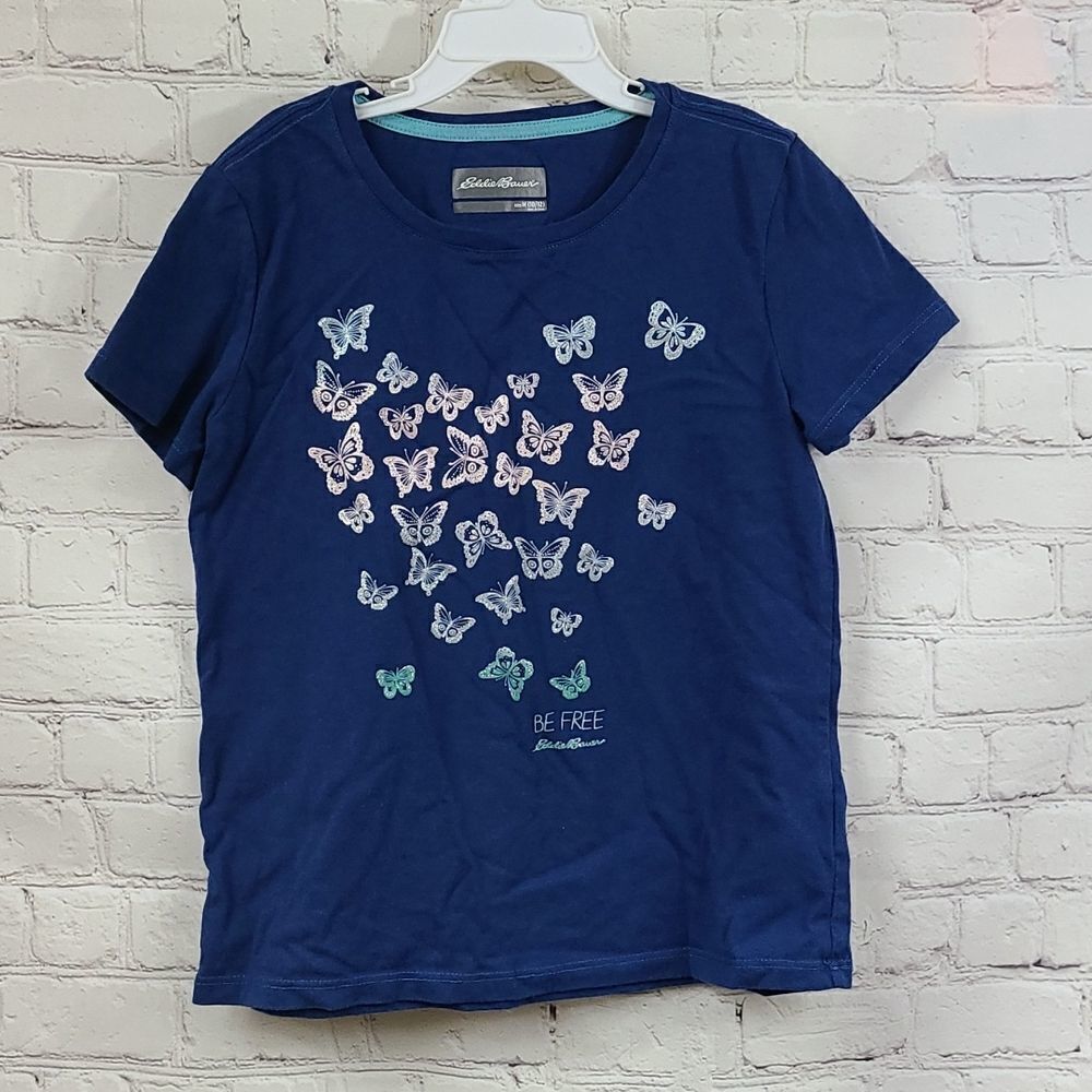 Eddie Bauer Girls M 10/12 Navy Glitter Butterfly Short Sleeve T-Shirt Knit Tee